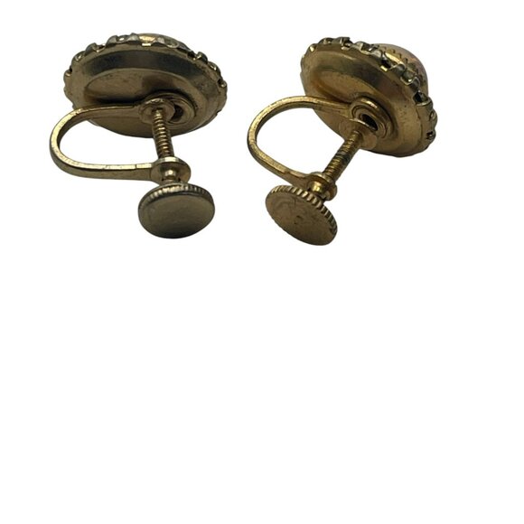 Vintage Faux Opal and Clear Rhinestone Dainty Screw Back Earrings - Picture 3 of 11